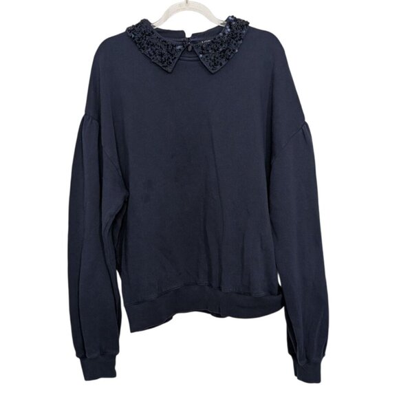 J Crew Crystal Embellished Collar Sweatshirt Womens Size Large Navy Blue Holiday - Picture 1 of 9